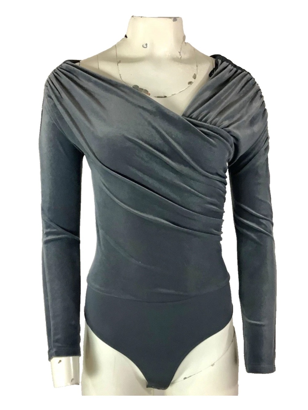 NWT Express Sz S Velvet Body Contour Asymmetric Off Shoulder Bodysuit Gray